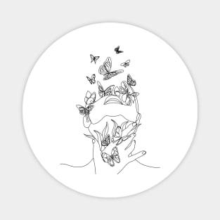 Abstract line drawing woman face with butterflys. Magnet